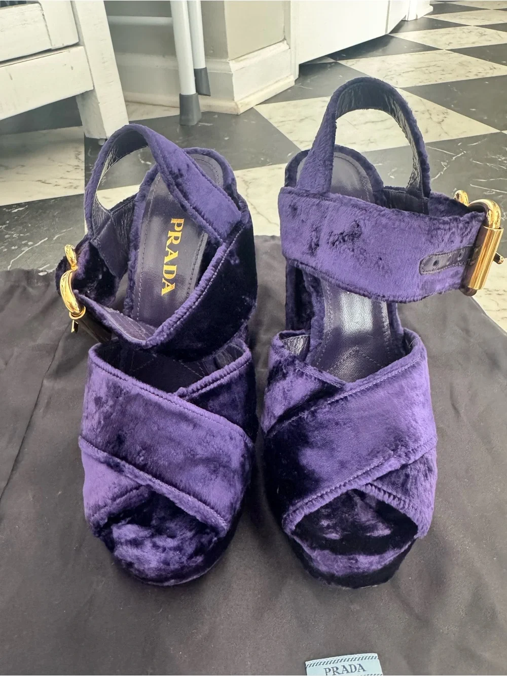 Prada Purple Velvet Platform Heels with Gold Buckle